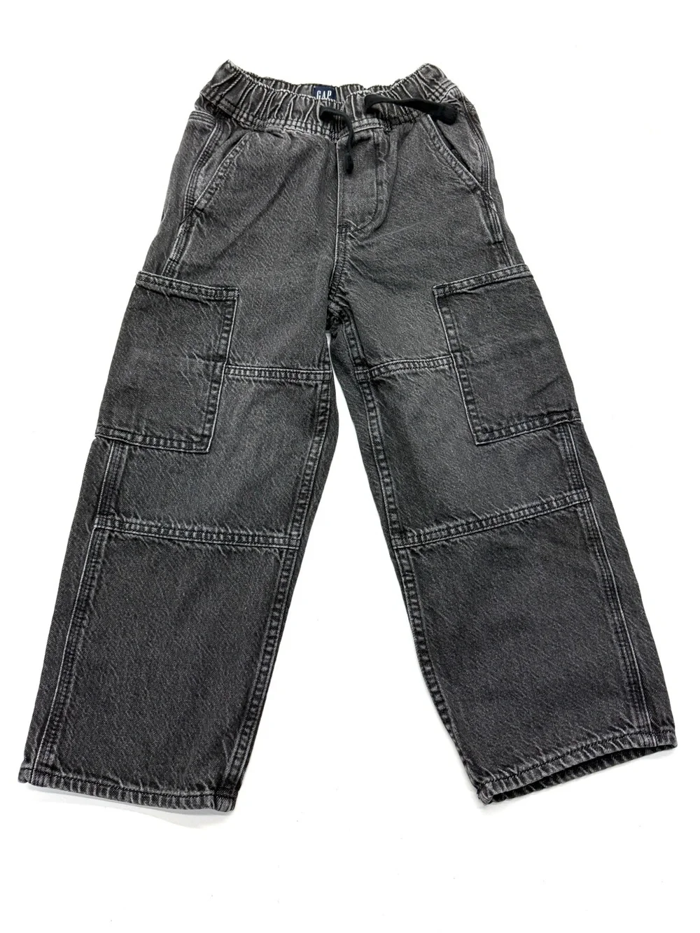 GAP Kids Black Washed Cargo Jeans Baggy Relaxed Fit Elastic Waist Drawstring